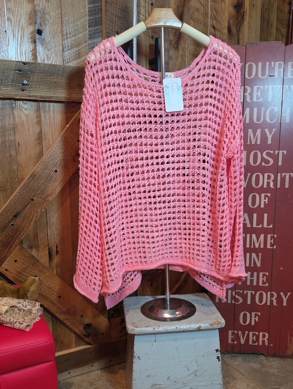 224p POL Open-Knit Scoop Neck Sweater in  Pink